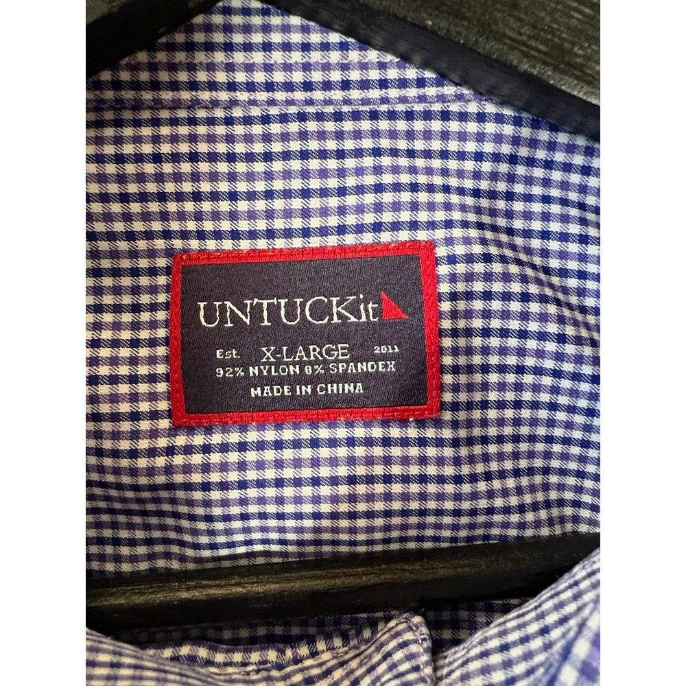 UNTUCKit Men’s Blue/White Check Woven Nylon/Spandex Button-Up Shirt XL
